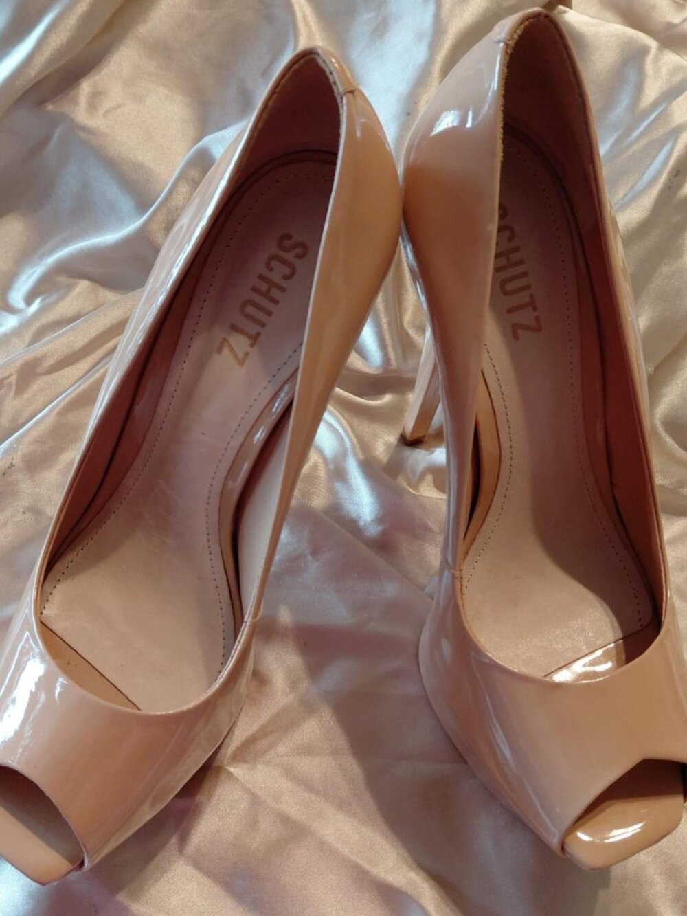 Schutz Zelda Nude Patent Leather Peep Toe Stiletto Heel